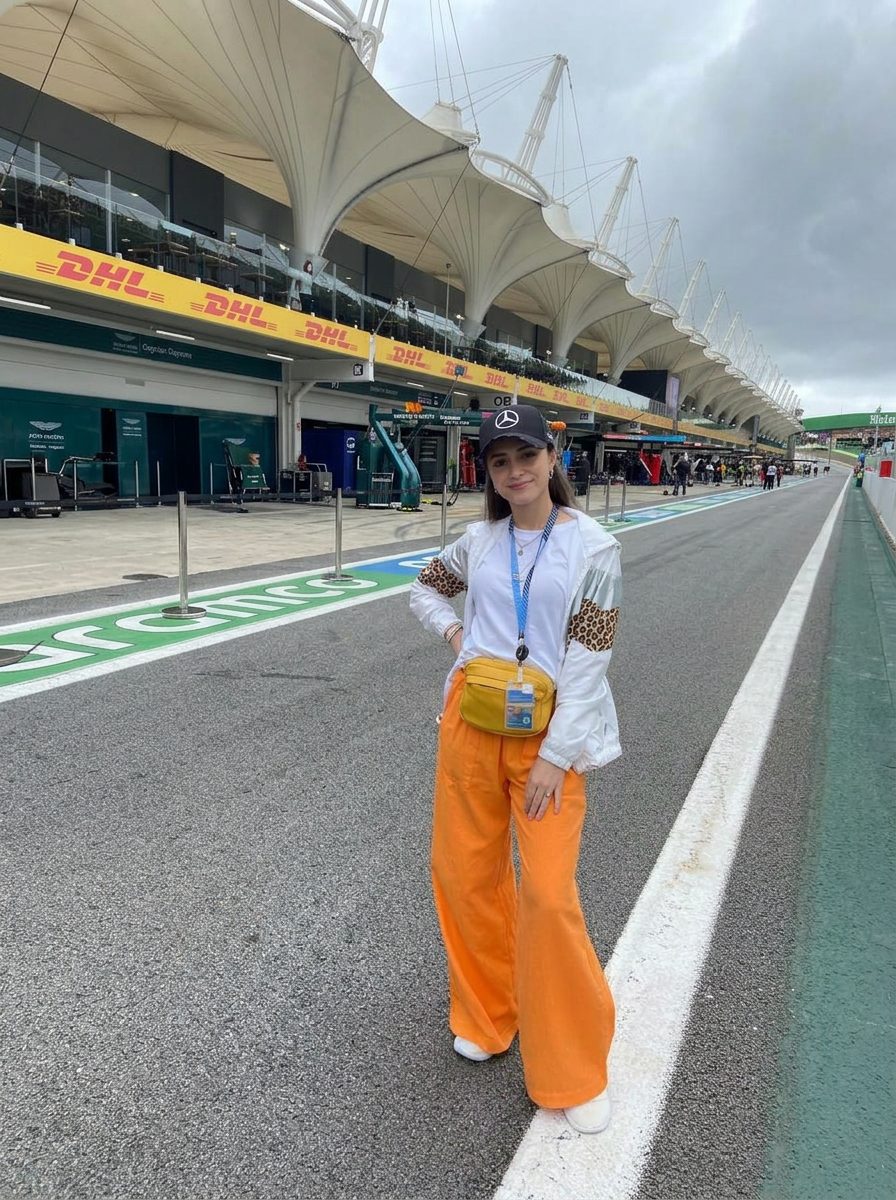 Camila no circuito durante a experiência de Fórmula 1